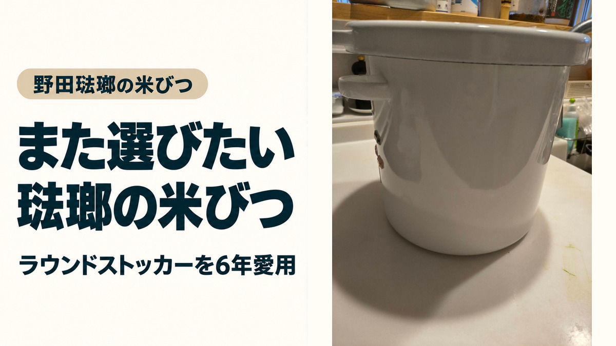 野田琺瑯の米びつ。蓋から底まで写した実写真と「また選びたい 琺瑯の米びつ」の見出し